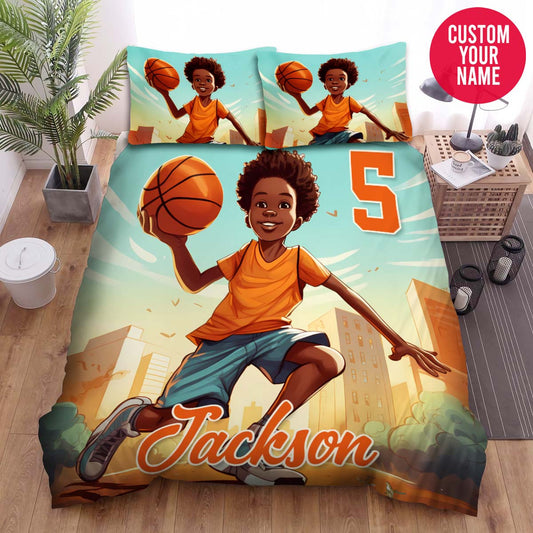 BlueJose Personalized Little Black Boy Playing Basketball Custom Name Duvet Cover Bedding Set