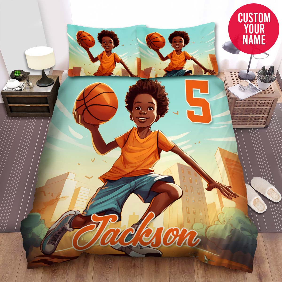 BlueJose Personalized Little Black Boy Playing Basketball Custom Name Duvet Cover Bedding Set