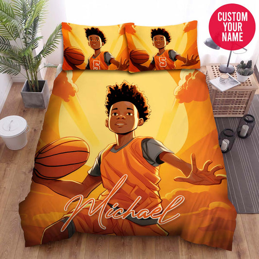 BlueJose Personalized Black Boy Dunking Basketball Custom Name Duvet Cover Bedding Set