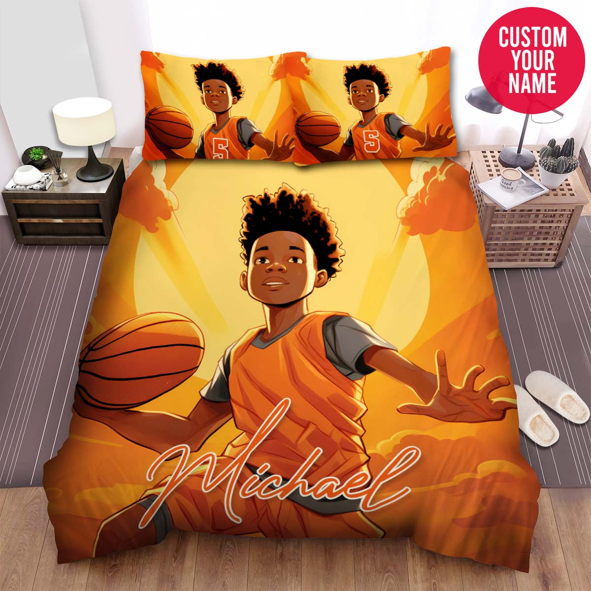 BlueJose Personalized Black Boy Dunking Basketball Custom Name Duvet Cover Bedding Set