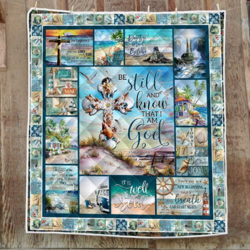 BlueJose Seashells Cross Be Still And Know That I Am God Beach Quilt Blanket THH3605Qv1
