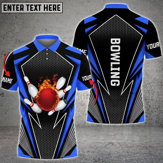 BlueJoses Blue Bowling And Pins Flame Hexagon Pattern Premium Customized Name 3D Shirt