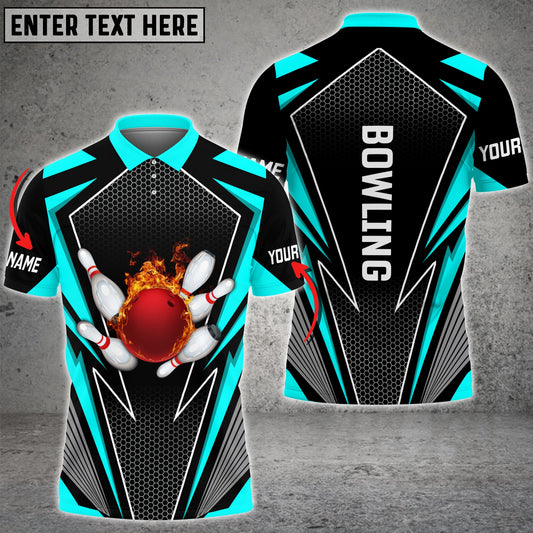 BlueJoses Cyan Bowling And Pins Flame Hexagon Pattern Premium Customized Name 3D Shirt