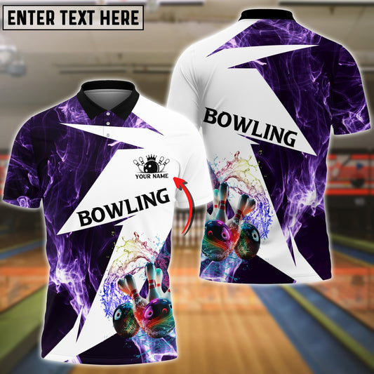 BlueJoses Purple Bowling And Pins Smoke Pattern Customized Name 3D Shirt