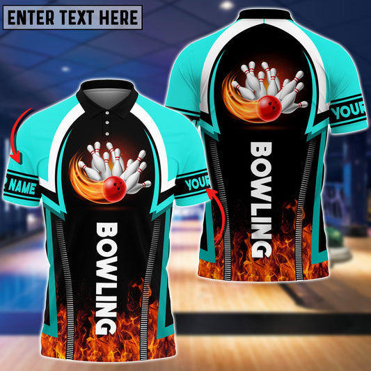 BlueJoses Cyan Bowling Fire Pattern Premium Customized Name 3D Shirt