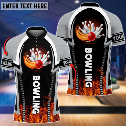 BlueJoses Grey Bowling Fire Pattern Premium Customized Name 3D Shirt