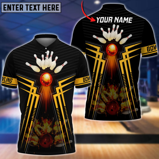 BlueJoses Yellow Bowling Ball  And Pins Flame Premium Customized Name 3D Shirt