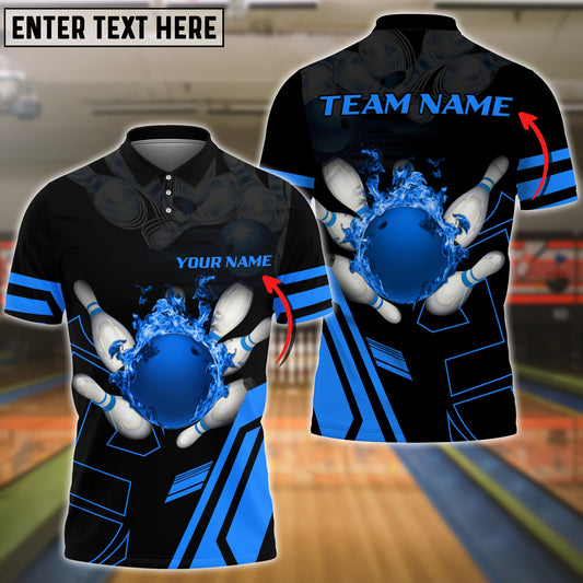 BlueJoses Blue Bowling Ball Flame Personalized Name All Over Printed Shirt