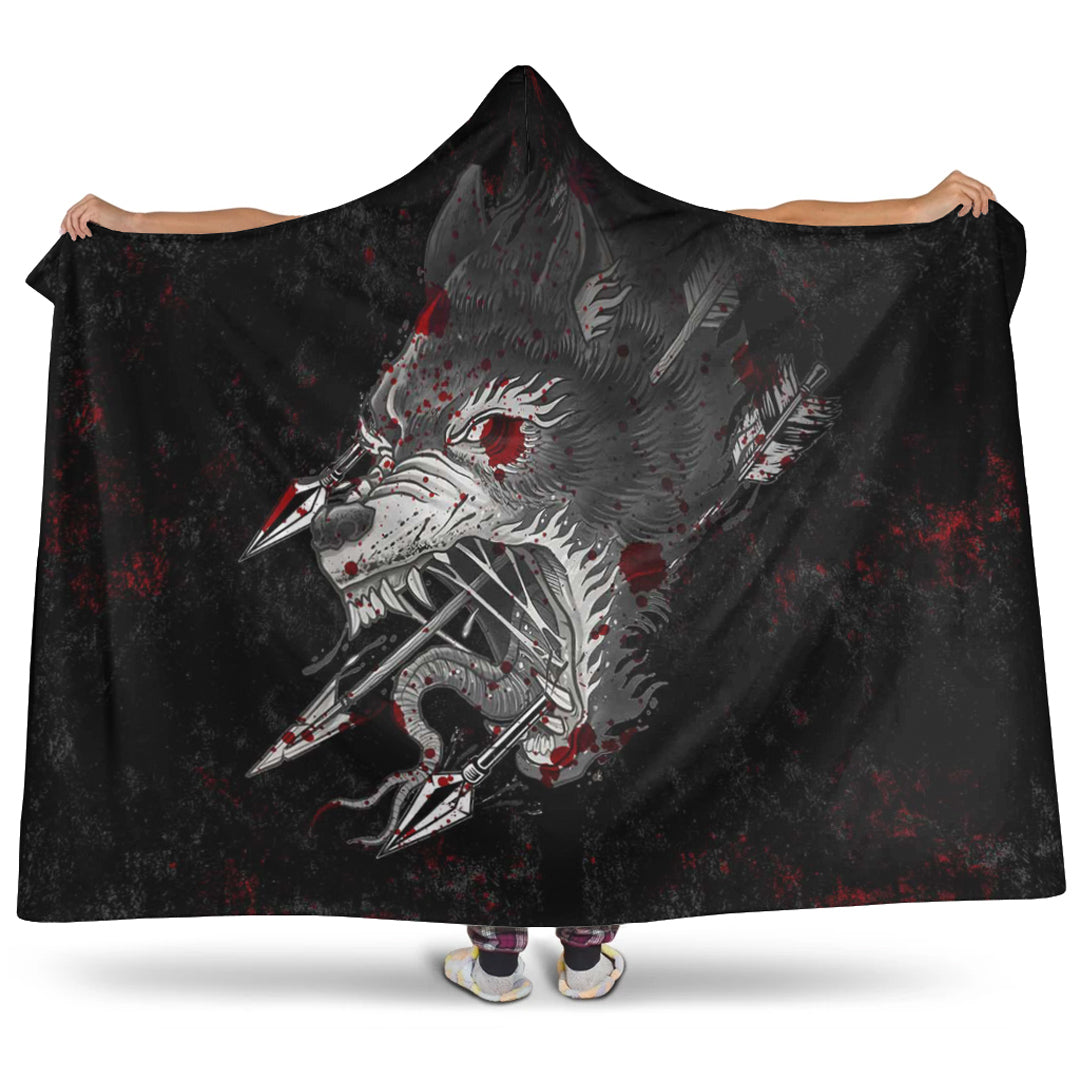 VikingStyle Hooded Blanket - Fenrir Wolf Arrow and Blood Hooded Blanket A35