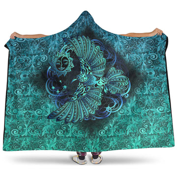 VikingStyle Hooded Blanket - Odin's Celtic Raven on the Background Yggdrasil Tree Cyan Celtic Tattoo Hooded Blanket A35