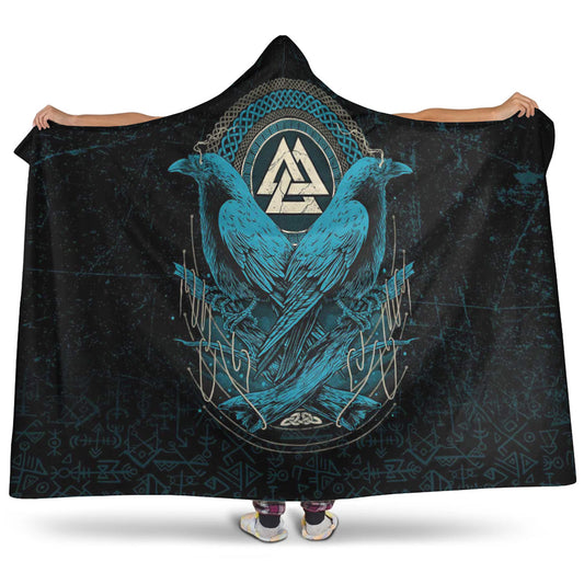 VikingStyle Hooded Blanket - Huginn and Muninn Valknut Cyan Style Hooded Blanket A35