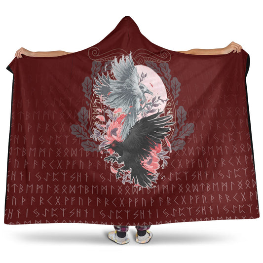 VikingStyle Hooded Blanket - Raven Black and White Red Yggdrasil HS Hooded Blanket A35