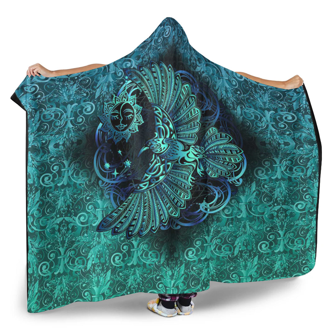 VikingStyle Hooded Blanket - Odin's Celtic Raven on the Background Yggdrasil Tree Cyan Celtic Tattoo Hooded Blanket A35
