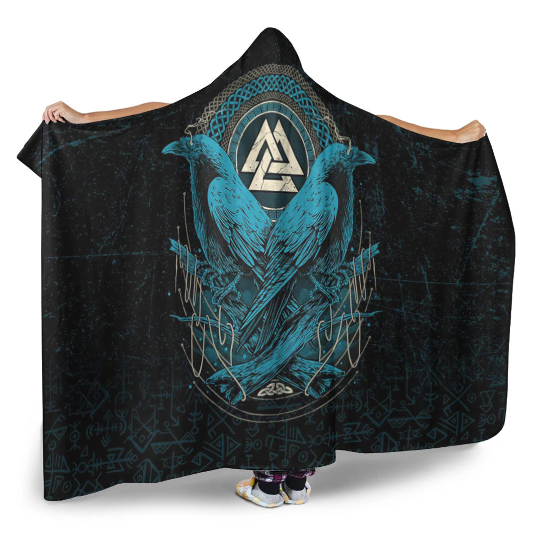 VikingStyle Hooded Blanket - Huginn and Muninn Valknut Cyan Style Hooded Blanket A35