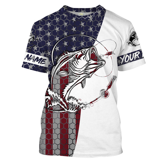 Bluejose Bass Fishing American Flag Custom Long Sleeve Performance Fishing Shirts, Persoanlized Patriotic Bass FishingĂ¢Â