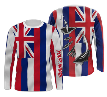 Bluejose Hawaii State Fishing Custom Hawaiian Flag 3D Fish Hook   Long Sleeve  Personalized  Gifts