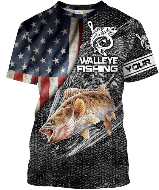 BlueJose Walleye American Flag Patriotic Customize Name Fishing Shirt