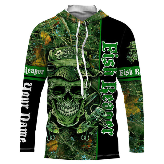 BlueJose Halloween Fish Reaper Fishing Green Camouflage Custom Long Sleeve Fishing Shirts