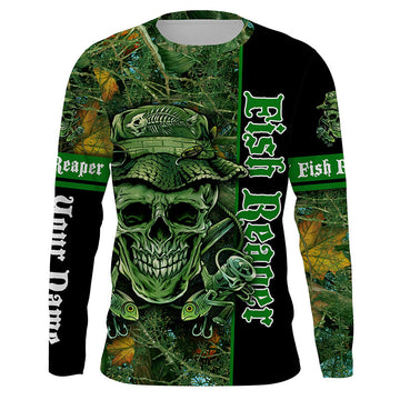 BlueJose Halloween Fish Reaper Fishing Green Camouflage Custom Long Sleeve Fishing Shirts