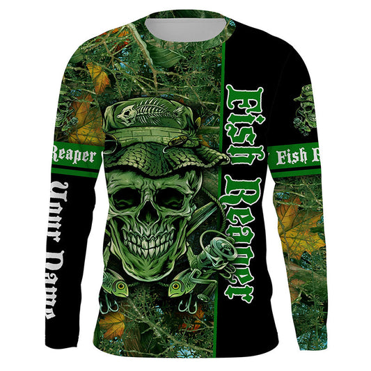 BlueJose Halloween Fish Reaper Fishing Green Camouflage Custom Long Sleeve Fishing Shirts
