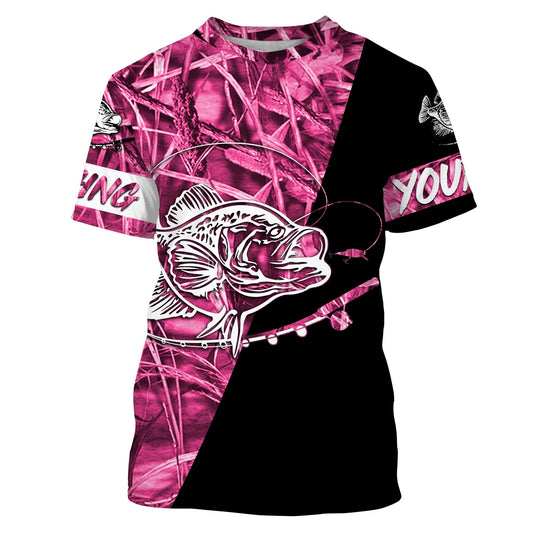 BlueJose Crappie Fishing Tattoo Pink Camo Black Custom Name Shirt