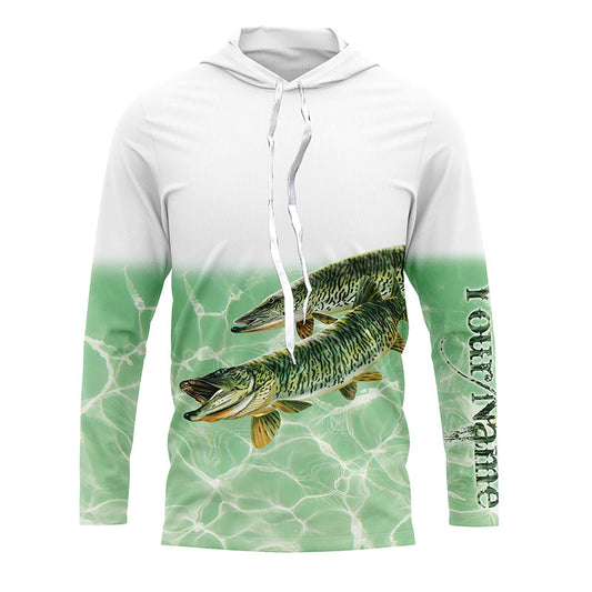 Bluejose Custom Musky Fishing Green Sea Water Camo Tournament Fishing Jerseys, Muskie Fishing Long Sleeve Shirt