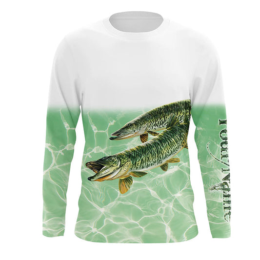 Bluejose Custom Musky Fishing Green Sea Water Camo Tournament Fishing Jerseys, Muskie Fishing Long Sleeve Shirt