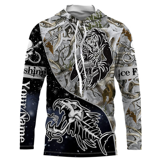 BlueJose Halloween Fish Reaper Skull Ice Fishing Winter Camo Custom Name Long Sleeve