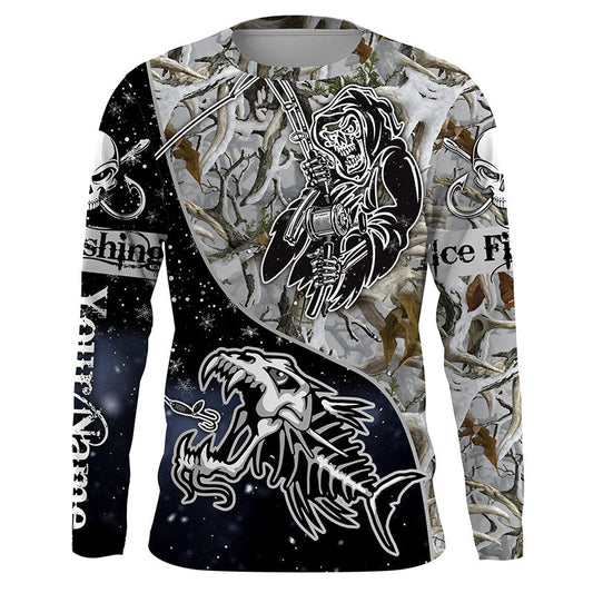 BlueJose Halloween Fish Reaper Skull Ice Fishing Winter Camo Custom Name Long Sleeve