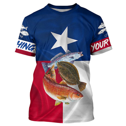 BlueJose Personalized Redfish Trout Flounder Texas Slam Flag Shirt