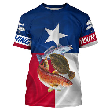 BlueJose Personalized Redfish Trout Flounder Texas Slam Flag Shirt