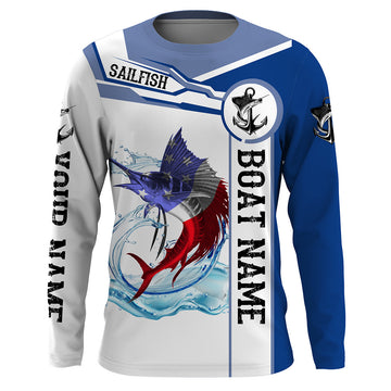 Bluejose Sailfish Fishing American Flag Custom Name And Boat Name Performance Long Sleeve Fishing Shirts, Patriotic Fishing Gifts