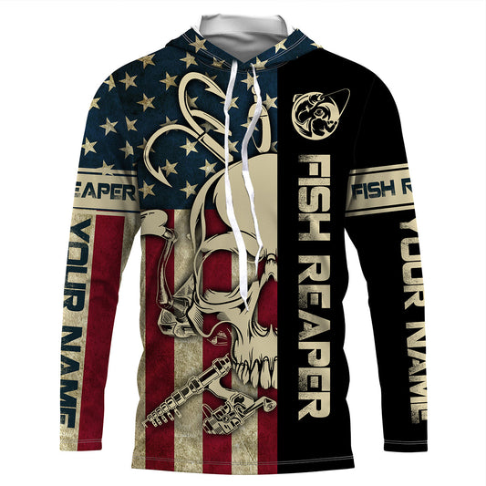 BlueJose Halloween American Flag Fish Reaper Fishing Patriotic Custom Name Long Sleeve Shirt