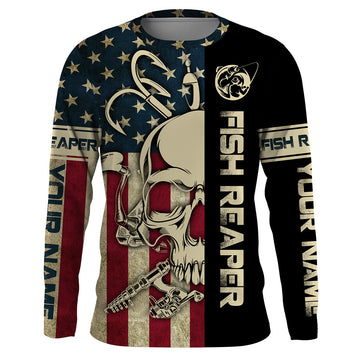 BlueJose Halloween American Flag Fish Reaper Fishing Patriotic Custom Name Long Sleeve Shirt