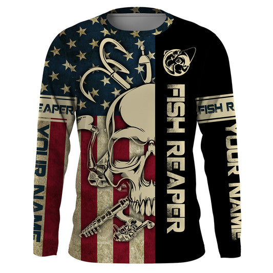 BlueJose Halloween American Flag Fish Reaper Fishing Patriotic Custom Name Long Sleeve Shirt