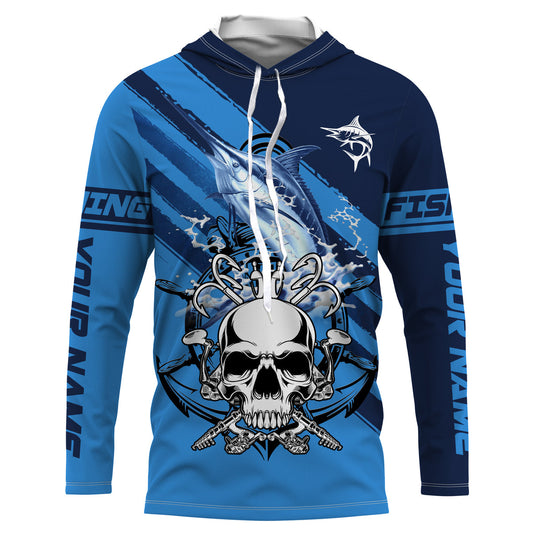 BlueJose Halloween Custom Name Marlin Fish Reaper Anchor Saltwater Blue Sea Long Sleeve