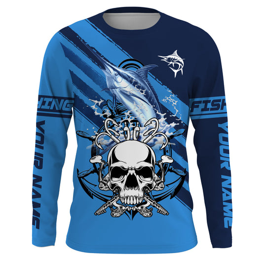 BlueJose Halloween Custom Name Marlin Fish Reaper Anchor Saltwater Blue Sea Long Sleeve