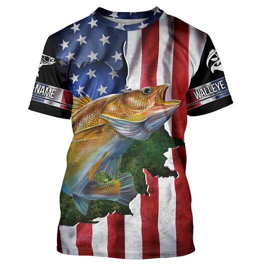 BlueJose Walleye Fishing American Flag Patriotic Personalized Shirt