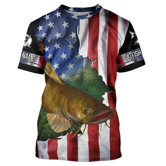 BlueJose Flathead Catfish Fishing American Flag Personalized Shirt