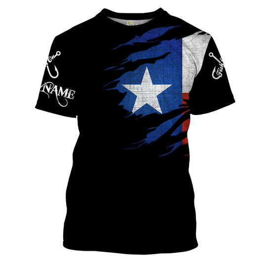 Bluejose Tx Fishing Fish On Black Texas Flag   Quick Dry Customize Name Long Sleeves Fishing Shirts