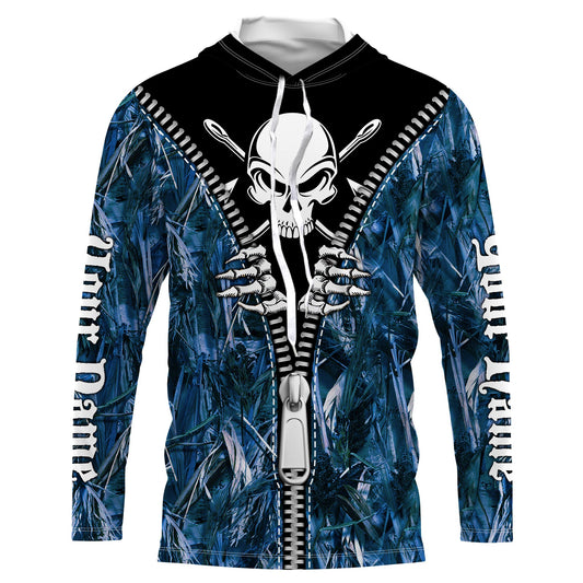 BlueJose Halloween Fish Reaper Fishing Zipper Blue Camouflage Shirt Customize Name Long Sleeve Fishing Shirts