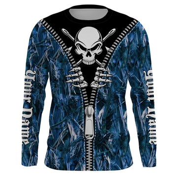 BlueJose Halloween Fish Reaper Fishing Zipper Blue Camouflage Shirt Customize Name Long Sleeve Fishing Shirts