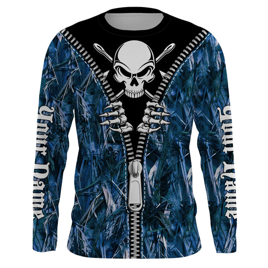 BlueJose Halloween Fish Reaper Fishing Zipper Blue Camouflage Shirt Customize Name Long Sleeve Fishing Shirts