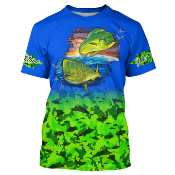 BlueJose Custom Mahi Mahi Fishing Green Camo Fishing Shirt