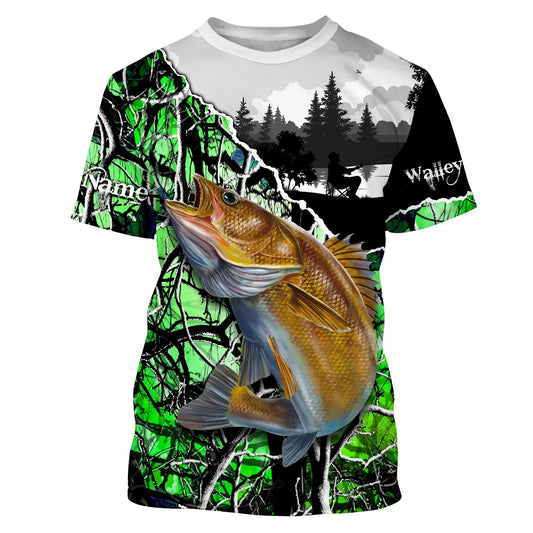BlueJose Custom Walleye Fishing Green Camo Tournament Fishing Shirt