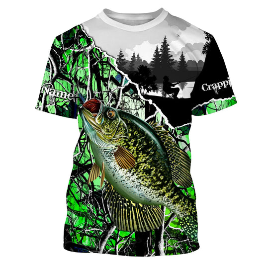 BlueJose Custom Name Crappie Fishing Green Camo Tournament Fishing Shirt