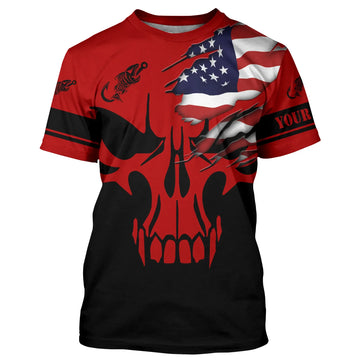 BlueJose Custom American Flag Fishing Fish Reaper Skull Red And Black Shirt