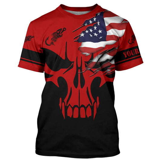 BlueJose Custom American Flag Fishing Fish Reaper Skull Red And Black Shirt