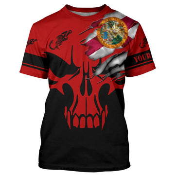 BlueJose Custom Florida Flag Fishing Fish Reaper Skull Red And Black Fishing Shirt