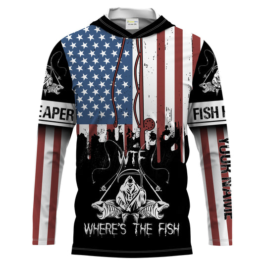 BlueJose Halloween Fish Reaper American Flag Patriotic Wtf Where'S The Fish Long Sleeve Fishing Shirt